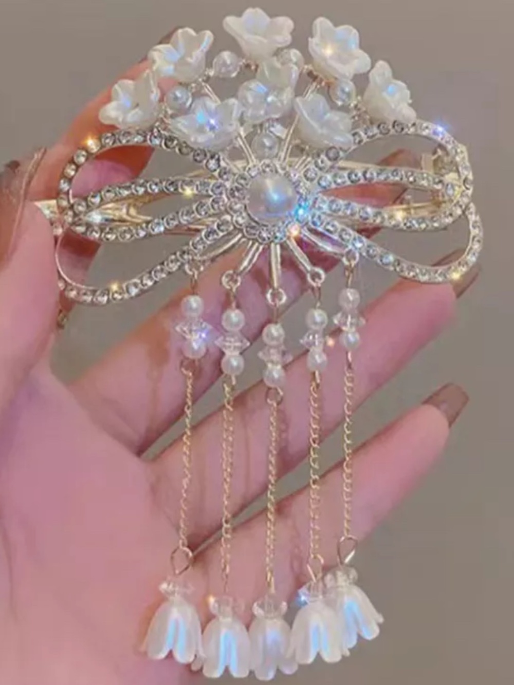 Claw Orchid Tassel Barrette Clip Rhinestone Hair Flower Hair Shiny Chic Pearl *